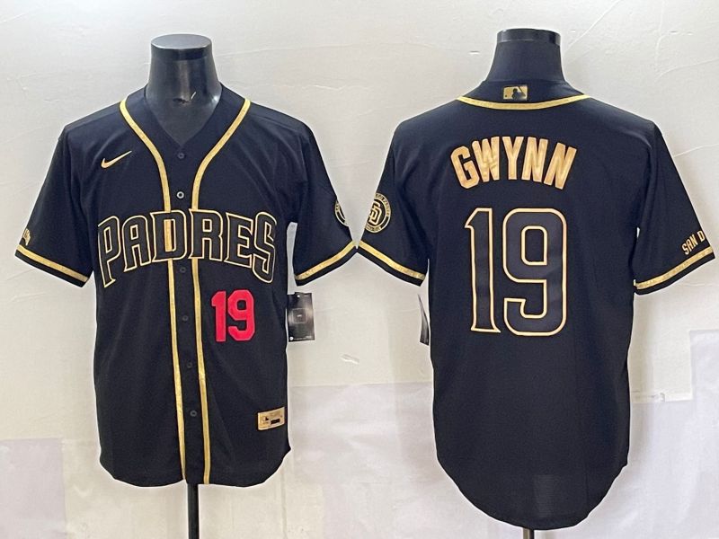 Men 2025 San Diego Padres 19 Gwynn Black Gold Throwback Nike MLB Jersey style 03